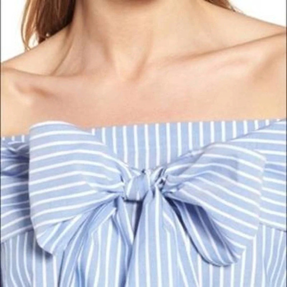 Pleione Off Shoulder Bow Top In Blue White Stripe Size S 14485 - Picture 4 of 11